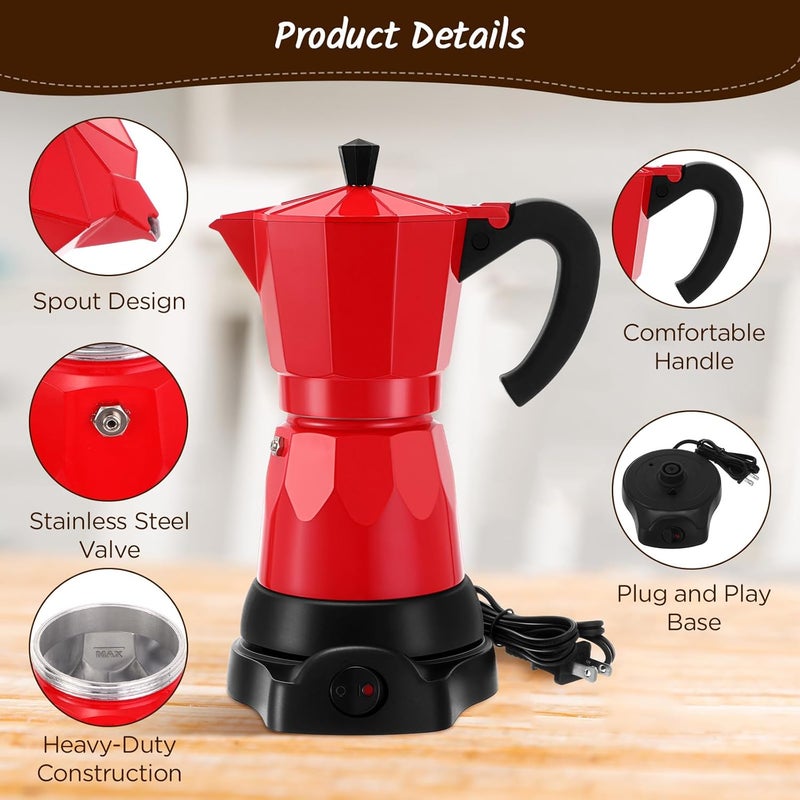 Lemosae Coffee Pot 6 Cup Electric Espresso Coffee Maker Italian Moka Maker 300ml Portable Aluminum Espresso Machine Cafetera Moka Pot with Detachable Base, Gift for Home Travel(Red) - Image 4